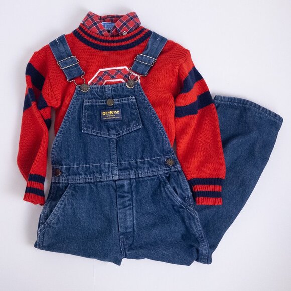 Vintage OshKosh B'Gosh 80s 3-Piece Overalls Knit Sweater Shirt Set Plaid Red 4T - Picture 1 of 16